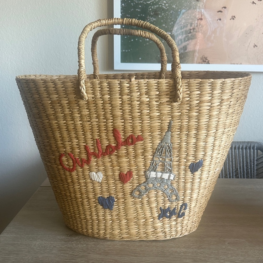 Anthropologie Tan Tote with Embroidered Accents. Eiffel Tower.